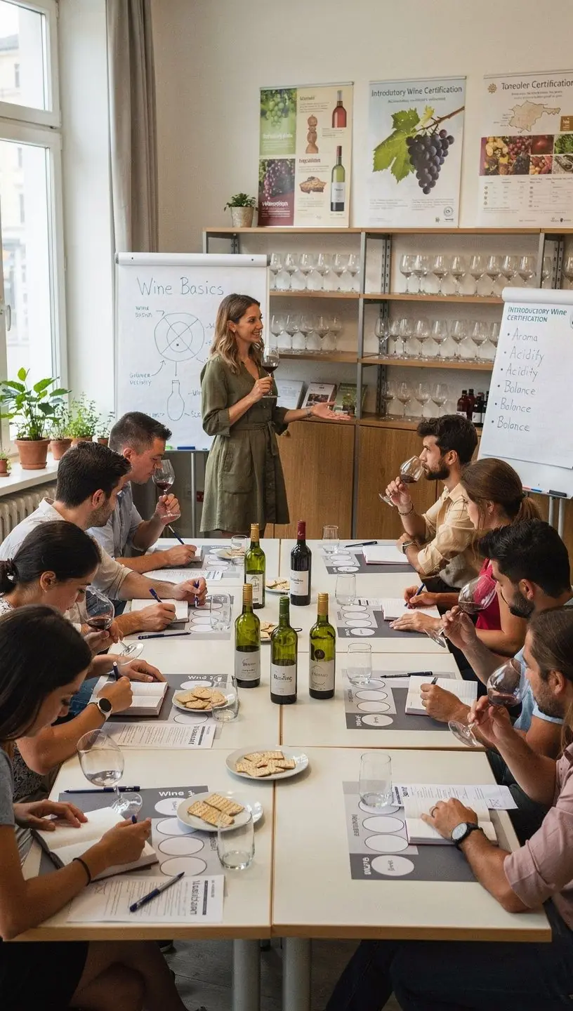 Eine Gruppe von Teilnehmern bei einer Online-Weinverkostung, die Notizen machen.