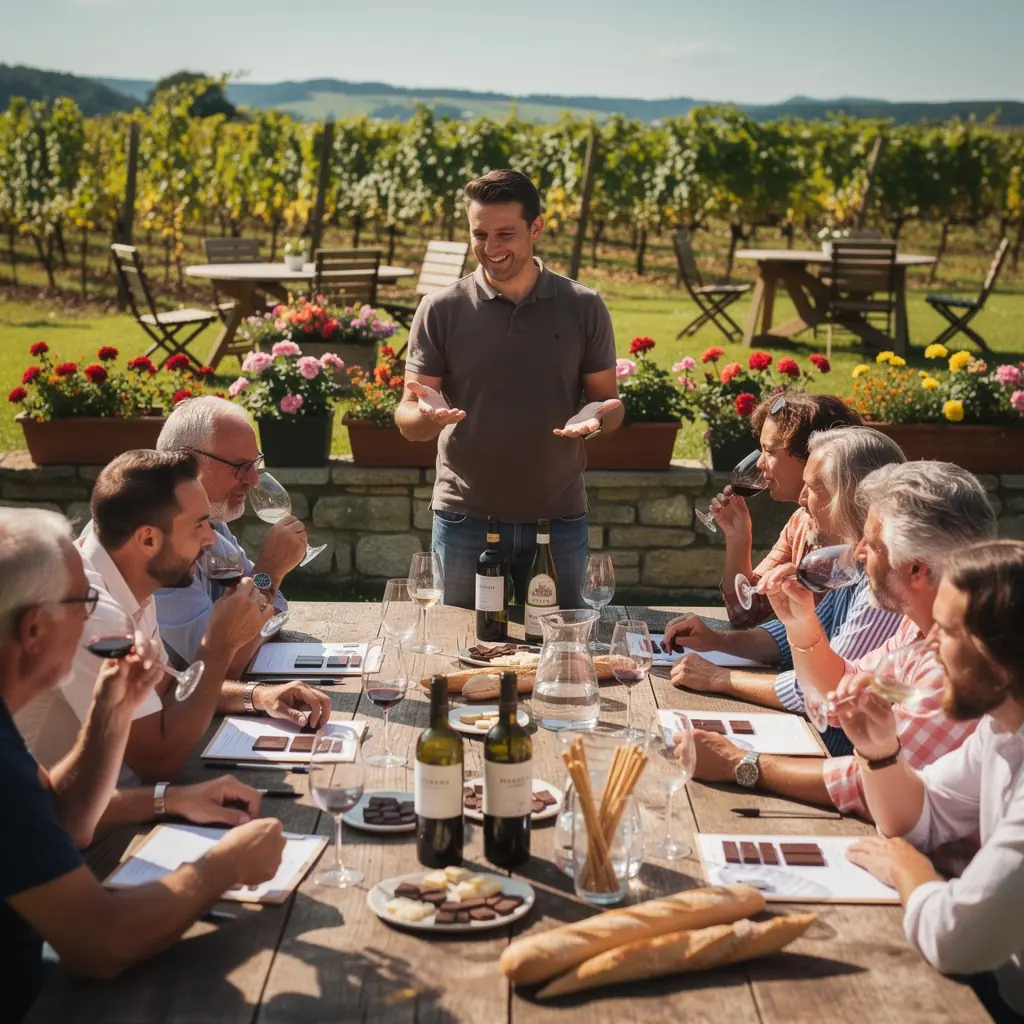 Eine Gruppe von Teilnehmern bei einer Online-Weinverkostung, die Notizen machen.