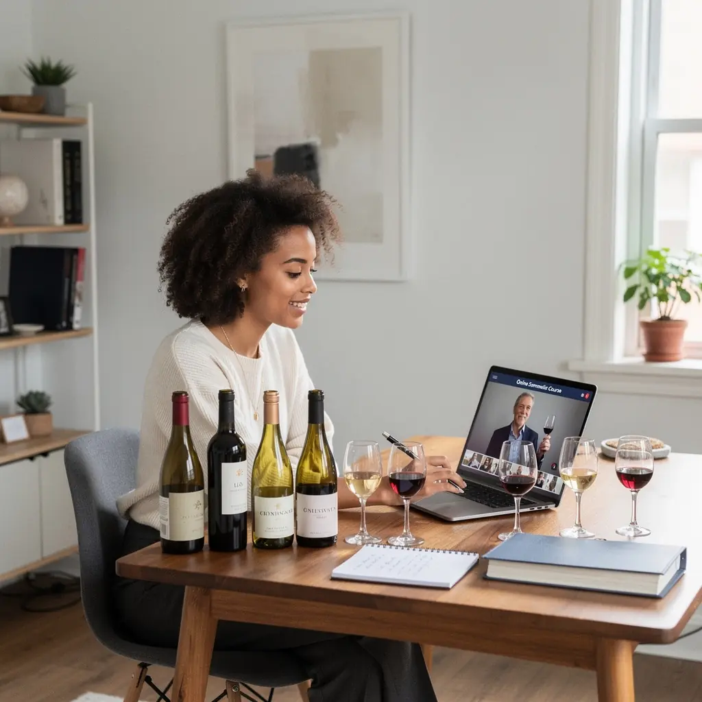 Eine Gruppe von Teilnehmern bei einer Online-Weinverkostung, die Notizen machen.